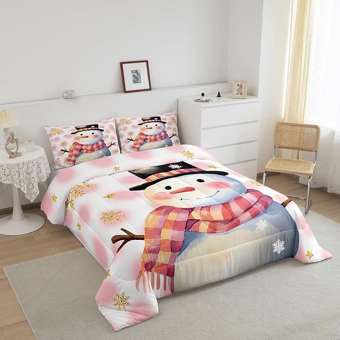Feelyou Kids Merry Christmas Decorations Toddler Size Comforter Set Xmas Snowman Bedding Set Pink Quilt Set Soft Warm Lightweight Duvet Set