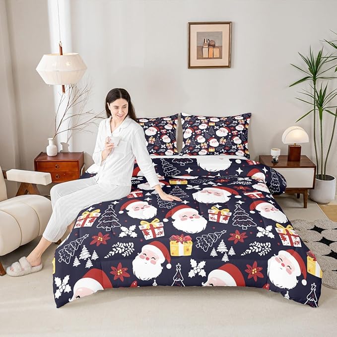 jejeloiu Santa Claus Comforter Set Full Size Merry Christmas Bedding Set for Kids Boys Girls Xmas Themed Duvet Quilt Dark Blue Bedroom Decor