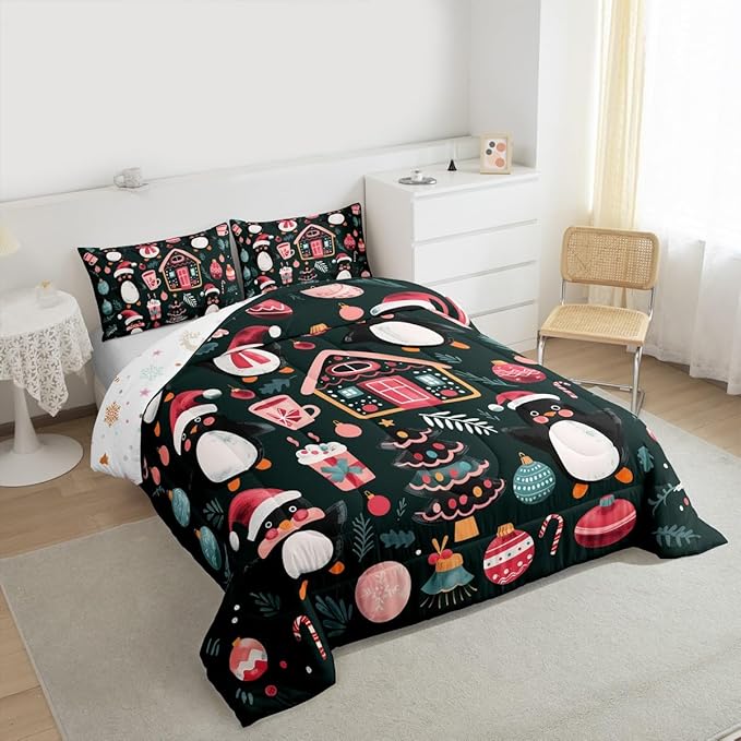 Feelyou Christmas Kids Comforter Set Queen Size Xmas Tree Ball Bedding Set Penguin Duvet Quilt for Kids Boys Girls Bedroom Gingerbread Houses Decor Microfiber Ultra Soft Breathable