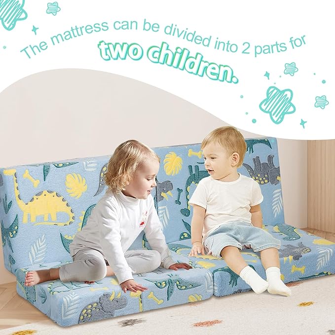 MeMoreCool Foldable Floor Mattress for Kids, Glow Toddler Nap Mat for Sleeping and Daycare, Portable Trifold Futon Mattress Floor Bed, Dinosaur