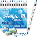 Blue Tones Acrylic Paint Pens, 12 Colors Markers Set with Soft Brush & Bullet Tip, for Rock, Painting, Wood, Glass, Ceramic, Canvas, Stone, DIY Crafts, Making Art Supplies, Fabric Paint