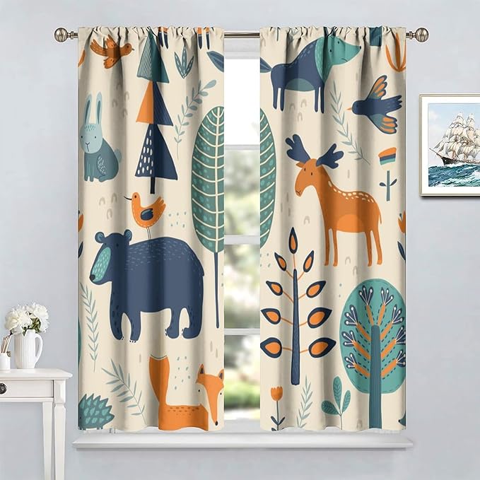 Kids Forest Animal Curtains, Rustic Cartoon Cute Wild Animal Window Treatments Woodland Safari Animal Fox Deer Bear Window Drapes for Girls Boys Nursery Toddler Bedroom 55x63in
