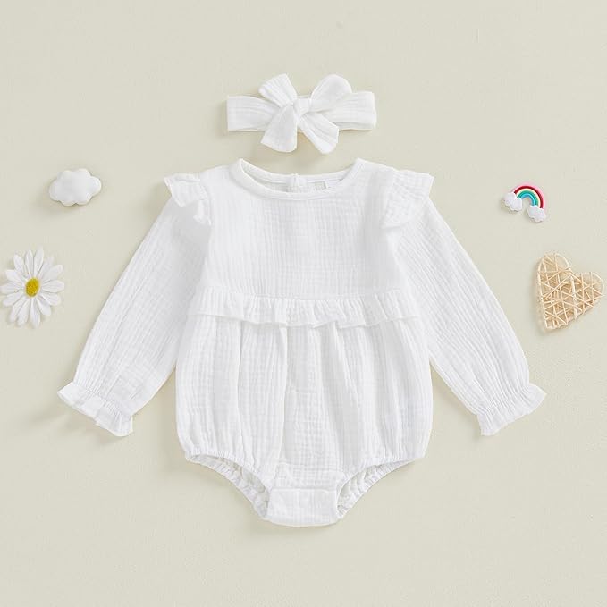 Newborn Infant Baby Girl Clothes Cotton Linen Long Sleeve Smocked Bubble Romper Ruffle Bodysuit Jumpsuit Fall Outfit