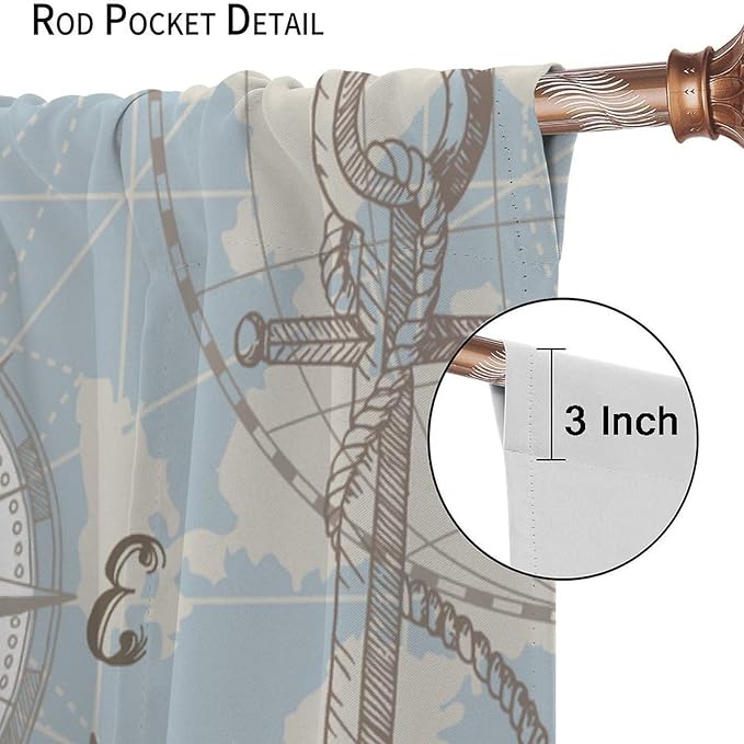Nautical Costal Curtains, Compass Lighthouse Anchor Sailboat Pattern Blackout Print Home Bedroom Living Room Window Treatments 2 Panel Set 72x63 Inch