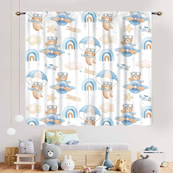 Cartoon Bear Curtains, Kids Boys Girls Cute Lovely Bear Adventure Airplane Cloud Pastel Blue Window Drapery Treatments for Baby Living Room Bedroom Nursey Toddler Classroom 2 Panels, 52"x84" Inch