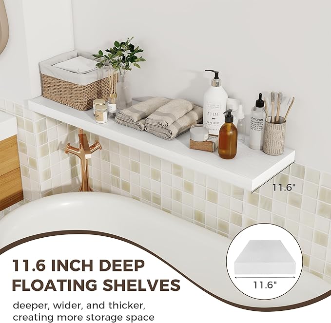 Fun Memories 12 Deep Floating Shelves for Wall, 48W x 12D Extra Large Floating Shelves Set of 2, Hanging Wood Wall Shelves for Living Room, Kitchen, Bedroom, Farmhouse, Laundry Room, Office - White