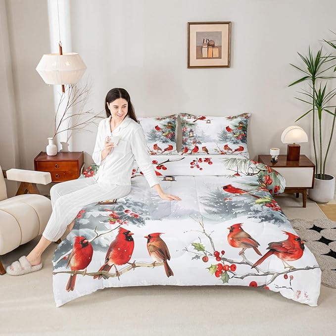 jejeloiu Kids Red Cardinal Comforter Set Queen Size Christmas Theme Bedding Set for Boys Girls Teens Xmas Birds Winter Country Woodland Animal Duvet Quilt Room Decor