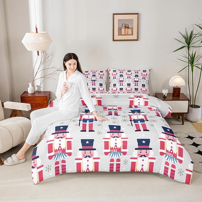 Feelyou Cute Nutcracker Comforter Set Queen Size Christmas Ornaments Bedding Set for Kids Boys Girls Xmas Snowflake Duvet Quilt Soldier Bedroom Decor Kawaii Microfiber 3 Pcs with 2 Pillow Cases