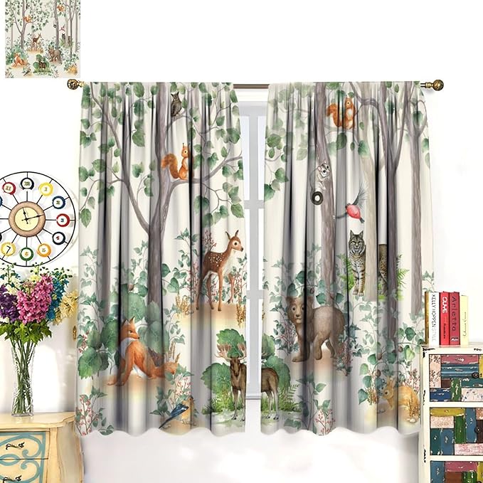 Woodland Animal Curtains, Cartoon Wild Rustic Forest Animals Pattern Blackout Window Treatments, Rod Pocket Thermal Insulated Drapes 2 Panel Sets for Kids Bedroom Nursery Classroom, 72" W X 63" L