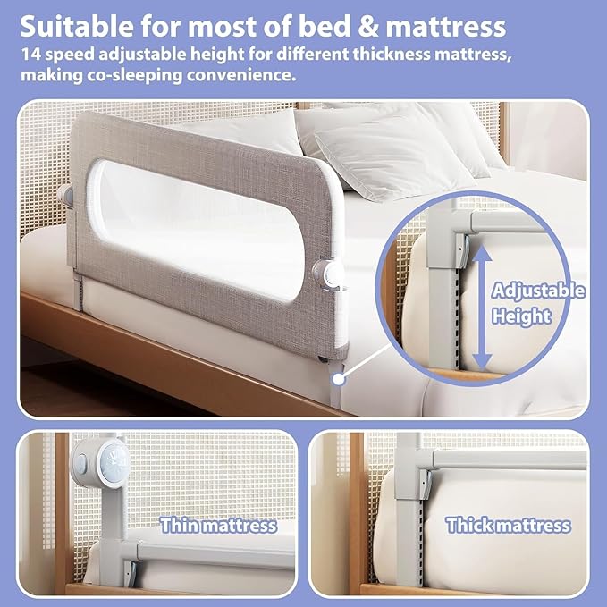 Toddler Bed Rail Guard for Baby - Toddlers Bed Rail for Queen Full King Twin Crib Bunk Size Bed Adjustable Heights & Foldable Portable Bedrail Extra Tall Child Safety Side Railing Guards for Kids(48")