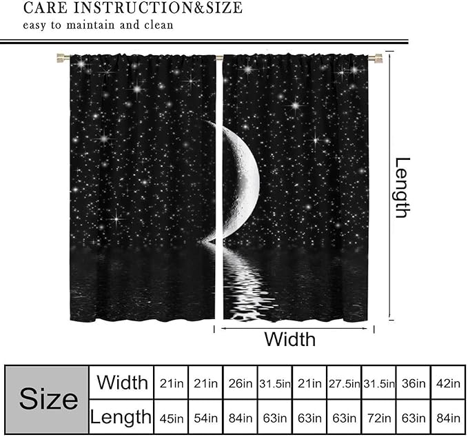 Night Starry Sky Curtain, Black Moon Phase Cloud Stars White New Moon Sparkly Shiny Galaxy Space Lake Fantasy Window Curtains for Kids Boys Girls Room Bedroom Living Room 52" W X 84" L