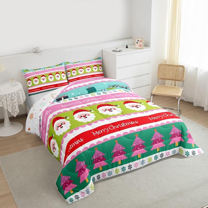 Feelyou Merry Christmas Comforter Set Queen Size Santa Claus Bedding Set for Kids Boys Girls Xmas Tree Snowflake Duvet Quilt Striped Bedroom Decor Microfiber 3 Pcs with 2 Pillow Cases