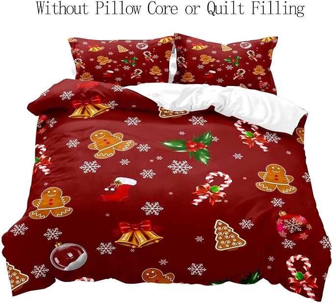 LUVIVIHOME 3PCS Christmas Duvet Cover King Bedding Set, Red Duvet Cover, Boys Girls Kids Bedding, Cute Gingerbread Snowflake Holiday New Year Xmas Gifts Christmas Comforter Quilt Cover, 2 Pillow Cases