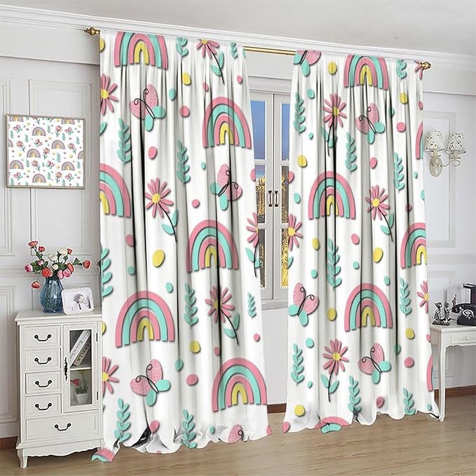 Kids Rainbow Curtains Boho Cartoon Colorful Stars Love Heart Lovely Abstract Art Pattern Print Window Drapes for Girl Bedroom Living Room Kitchen Decor,2 Panel Set,55Wx63H Inch Blackout