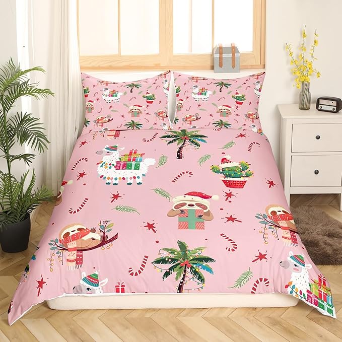 Manfei New Year Duvet Cover Set Queen Size, Cute Xmas Sloth Alpaca Print Bedding Set 3pcs for Kids Boys Girls Bedroom Decor, Christmas Theme Comforter Cover with 2 Pillowcases,No Comforter