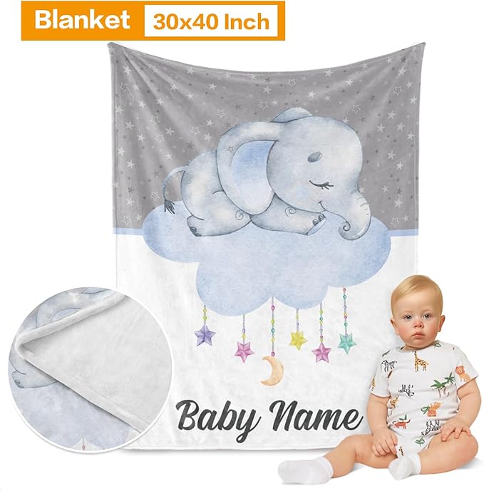 Custom Crib Bedding Set - Elephant Design Personalized Name Baby Nursery Bedding 3 Pcs Set - Chic Soft Blanket, Sheet, Pillowcase for Newborns Boys Girls Gifts Color05
