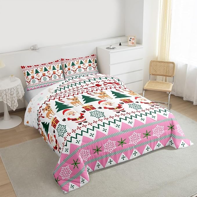 Feelyou Merry Christmas Comforter Set All Season Santa Claus Bedding Set with 2 Pillow Cases Cute Deer Microfiber Kids Full Bedclothes Snowflake Bedroom Decor Duvet Quilt Breathable Soft