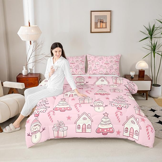 Feelyou Pink Christmas Comforter Set Toddler Size Xmas Tree Snowman Bedding Set for Kids Boys Girls Star Gift Duvet Quilt Candy Cane Bedroom Decor Microfiber 2 Pcs with 1 Pillow Cases