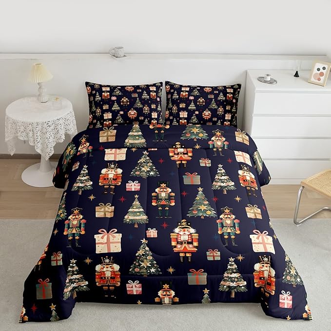 jejeloiu Xmas Nutcracker Comforter Set Twin Size Christmas Dark Blue Bedding Set for Kids Boys Girls Cute Snowflakes Duvet Quilt Bedroom Decor