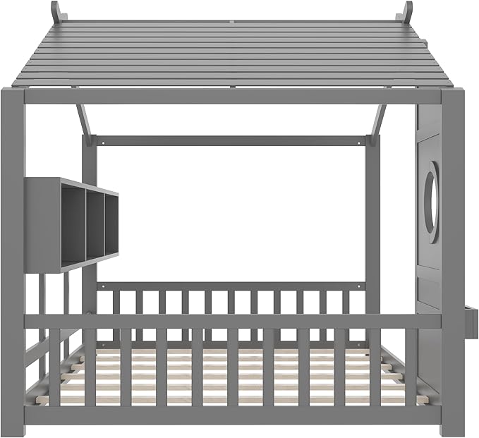 Merax Wood Floor House Bed with Storage Shelves, Full Size Low Day Bed with Headboard & Wood Slat Support, No Box Spring Needed, Gray
