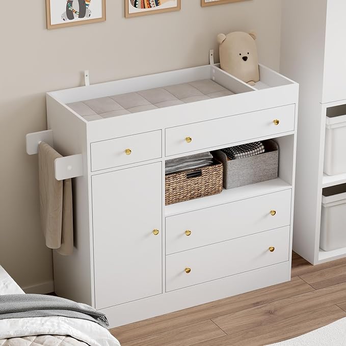 WOODTIME 43.3" W Nursery Dresser with Diaper Changing Tray, 2 Hidden Organizers & Towel Racks, Baby Kids Dresser Changing Table with 4 Drawers & 2 Shelves for Bedroom, White