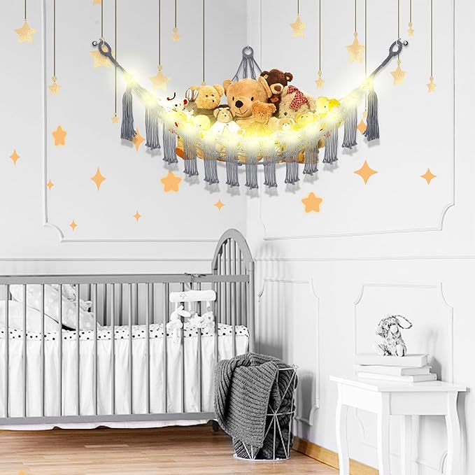 Stuffed Animal Hammock with LED Light, Large Stuffed Animals Storage Corner Plushie Net for Kids Room Decor, Jumbo Grey
