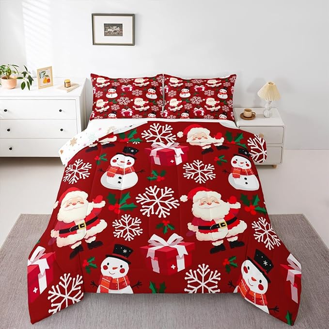 jejeloiu Merry Christmas Comforter Set Toddler Size Xmas Santa Claus Bedding Set for Kids Boys Girls Cute Snowman Duvet Quilt Red Bedroom Decor
