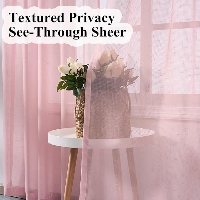 Blush Pink Sheer Curtains 96 Inches Long, Linen Look Textured Light Filtering Drapes for Girls Room Decor, Light Pink Transparent Window Treatments, Pinch Pleat Curtain with Hooks