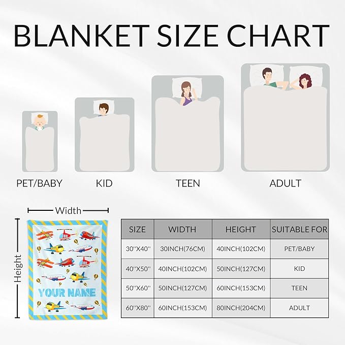 Personalized Airplane Throw Blanket Gift - 30" x 40" Inches Lightweight Warm Blanket for Lap, Couch, Office - Blue Cartoon Throw for Boys Kids