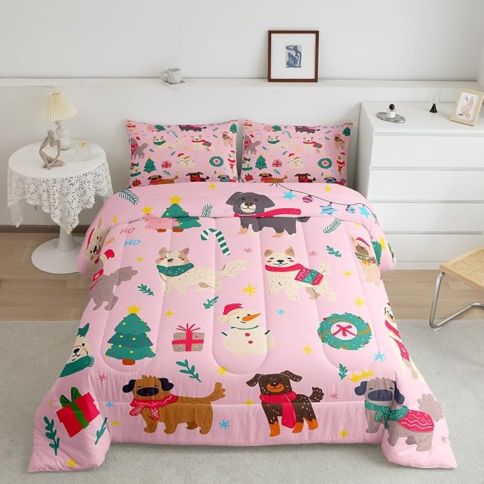 Erosebridal Cute Dog Comforter Set Toddler Size Puppy Dog Cartoon Xmas Bedding Set Christmas Tree Quilts for Kids Boys Girls Bedroom Decor Snowman Duvet Insert with 1 Pillow Case