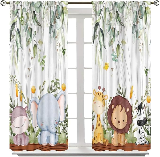 YCness Forest Animal Curtains, Watercolor Wild Animal Bear Fox Deer Kids Window Treatments for Living Room Bedroom, Green Woodland Tree Kids Drapes 2 Panel Sets,72x63 Inch