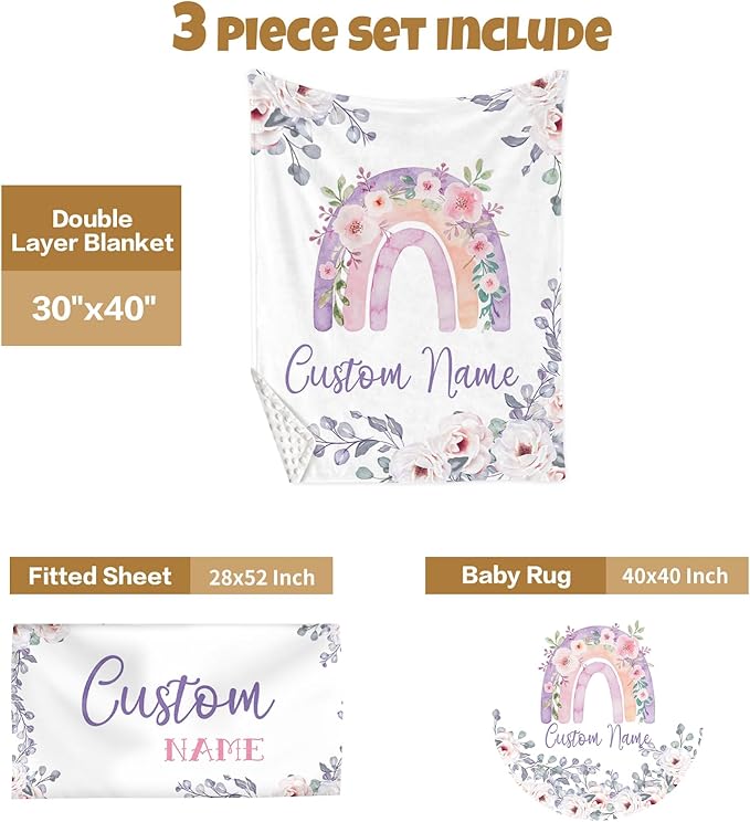 Custom Baby Crib Bedding Set, 3 Pcs Personalized Nursery Bedding Set with Name, Soft Baby Bedding Crib Sets with Blanket - Toddler Crib Sets for Girls Boys, Infant Newborn Gifts, Purple Rainbow