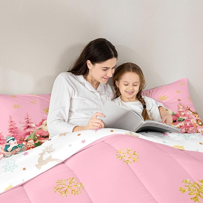 jejeloiu Merry Christmas Comforter Set King Size Santa Claus Bedding Set for Kids Boys Girls Cute Deer Duvet Quilt Pink Bedroom Decor