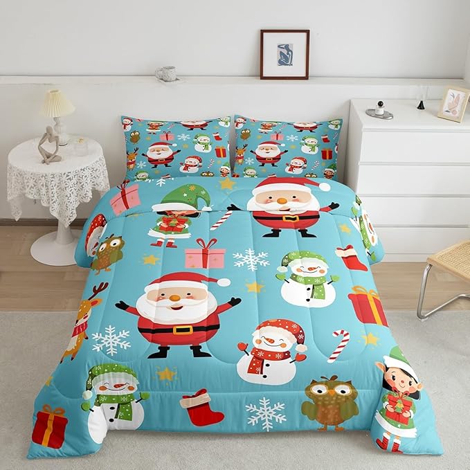 Erosebridal Merry Christmas Comforter Set Cartoon Santa Claus Quilts Twin Size Holiday Snowman Deer Elk Bedding Set Xmas Decor for Kids Boys Teens Cute Owl Animal Down Comforter,Blue