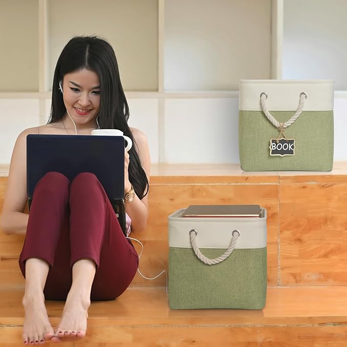 13 x 13 storage cubes[6 Pack],Cube Storage Organizer Bins with Rope Handles, Eco-Friendly Linen Collapsible Organizers for Closet, Nursery, Toys, Office, Bathroom – Dual Color Design.(White&Green)