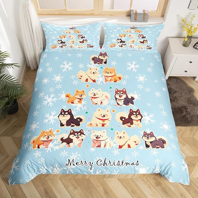 Manfei Xmas Tree Duvet Cover Set Twin Size, Cute Christmas Dogs Print Comforter Cover with 1 Pillowcase, New Year White Snowflake Print Bedding Set 2pcs for Kids Boys Girls Bedroom Decor,No Comforter