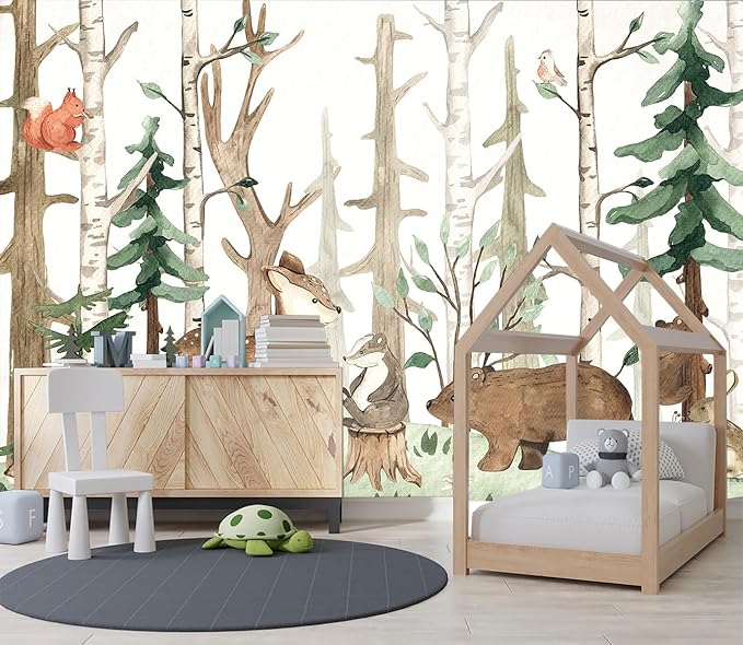 XMPMBM-Cartoon Hand-Painted Animals Woodland Nursery Room Fabric Wallpaper Graffiti Pine Forest Kids Gaming Room Wall Mural-W 132" X H 92"（93 Square Foot）