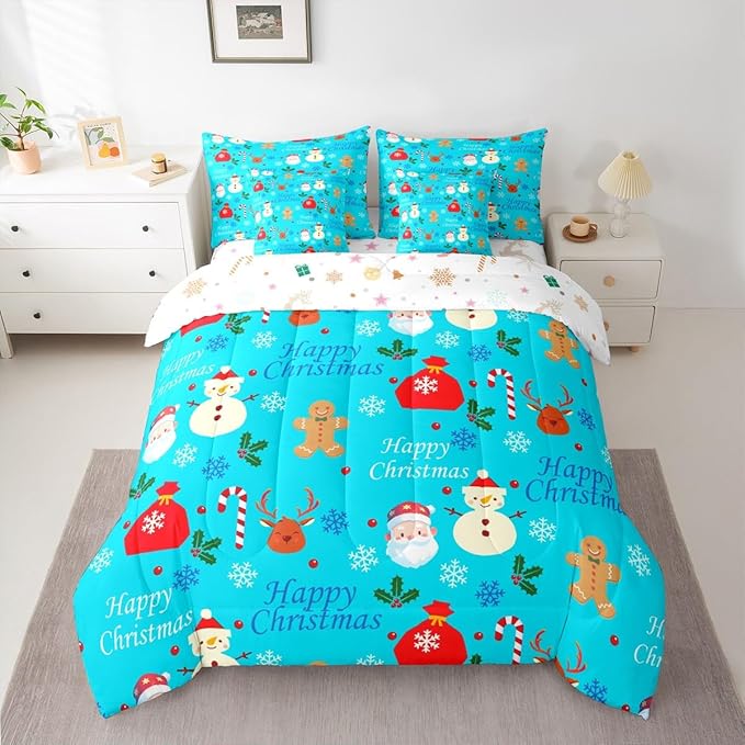 Christmas Deer Comforter Set With Sheets 7 Piece King Size Cute Gingerbread Man Bedding Set for Kids Boys Girls Christmas Santa Claus Bed in a Bag Reversible Xmas Decor Room Decor Soft Lightweight