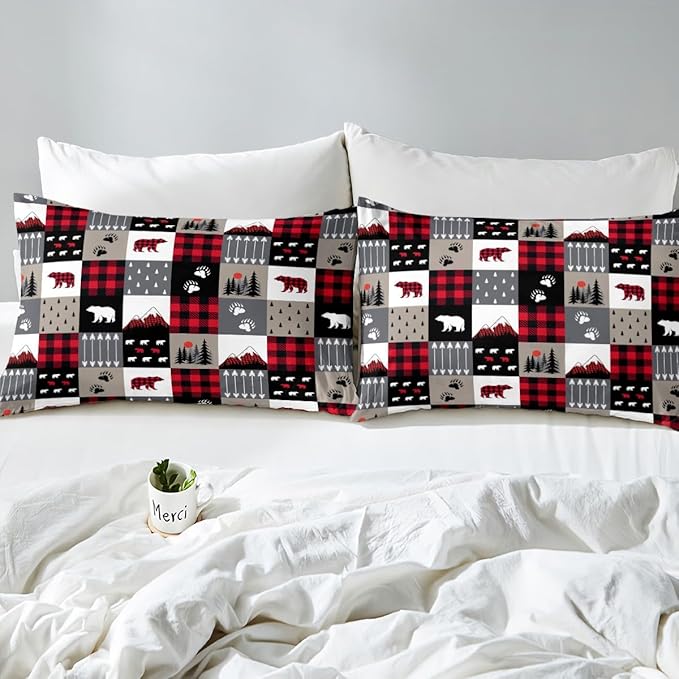 Manfei Christmas Duvet Cover Set Queen Size Cute Bear Tree Print Comforter Cover Geometric Checkered Bedding Set 3pcs for Kids Boys Girls Cartoon Animal Bedspread Cover with 2 Pillowcases,No Comforter