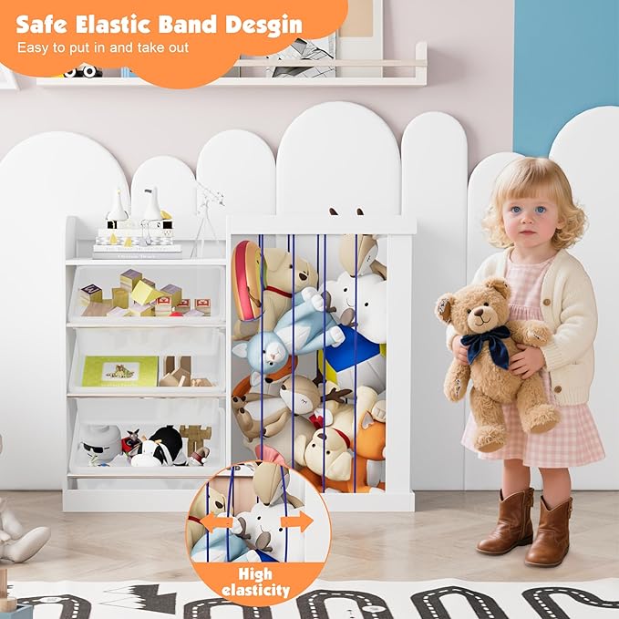 Naches Kids Toy Organizer and 4-Tier Montessori Bookshelf with 3 Bins, 3-in-1 Toy Shelves and Stuffed Animal Storage for Playroom, Nursery, Baby Room (White)
