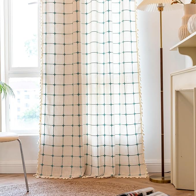 Deeprove Boho Curtains 96 Inches Long for Bedroom Living Room Nursery, Cotton Linen Plaids Beige Turquoise Teal Embroidery Bohemian Farmhouse Window Treatment Grids Drape Tassels, 1 Panel W52 x L96