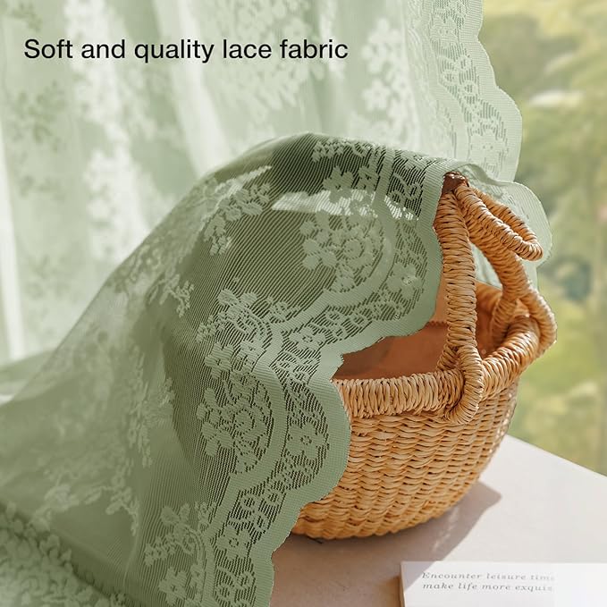 Anmao Vintage Sage Green Lace Curtains 120 Inches Long 2 Panels, Romantic Light Filtering Semi Sheer Floral Thick Lacy Curtain Drapes for Living Room and Bedroom, Each Panel 55W x 120L, Sage Green
