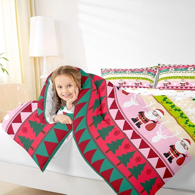 Feelyou Merry Christmas Tree Bedding Set Soft for Boys Girls, Cute Snowman Comforter Set Twin Size Santa Claus Duvet Quilt Microfiber Cartoon Bowknot Bedroom Decor 2 Pcs with 1 Pillow Cases