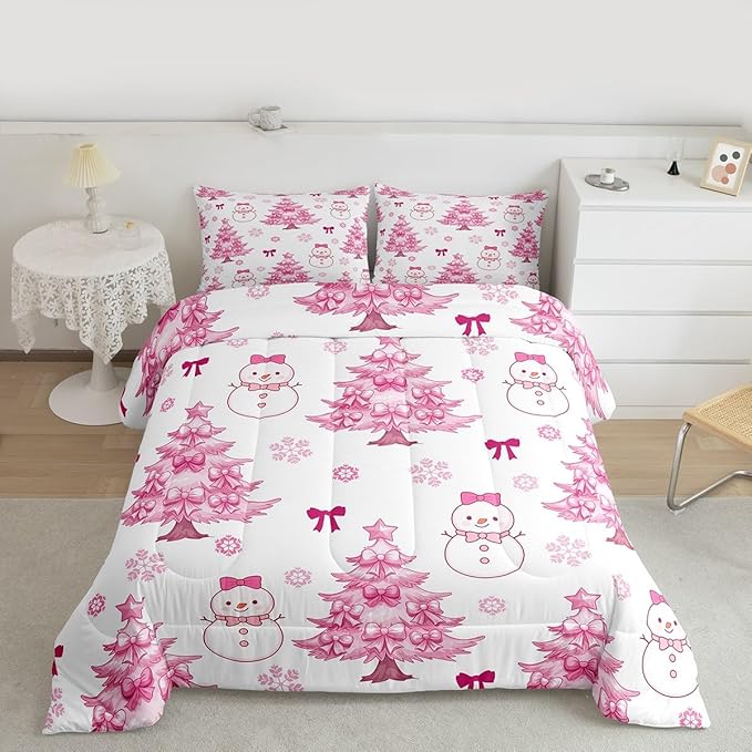 Feelyou Merry Christmas Kids Comforter Set Toddler Size Cute Snowman Bedding Set Cartoon Bowknot Duvet Quilt for Kids Boys Girls Bedroom Christmas Tree Decor Microfiber Ultra Soft Breathable