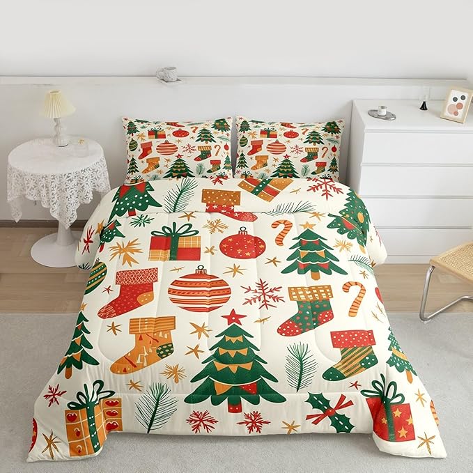Feelyou Christmas Comforter Set All Season Xmas Tree Bedding Set with 1 Pillow Cases New Year Gift Microfiber Kids Toddler Bedclothes Christmas Stockings Bedroom Decor Duvet Quilt Breathable Soft