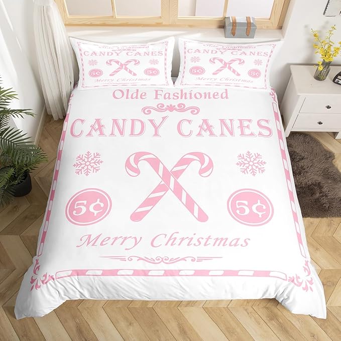 jejeloiu Christmas Bedding Set Queen Size Kids Christmas Quote Comforter Cover Set for Boys Girls Teens Candy Canes Print Duvet Cover Xmas Bedspread Cover Room Decorations Pink Quilt Cover