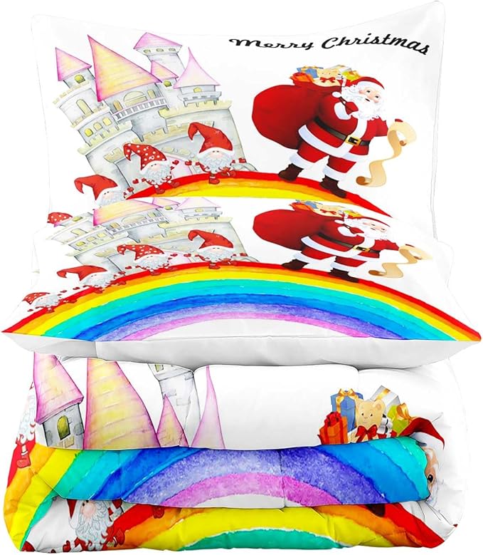 LUVIVIHOME 3PCS Merry Christmas Comforter Set Full Size, Funny Santa Claus Bedding, Gnome Castle Rainbow Christmas Bedroom Decor for Kids Girls Boys Teens, White Quilt, Xmas Gifts, 2 Pillow Cases