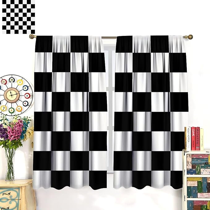 Black Checkered Curtains,70s Vintage Twisted Checkered Window Drapes Colorful Groovy Trendy Wavy Hippie Grid Print Window Treatments for Kids Boy Bedroom Living Room 63" W X 63" L