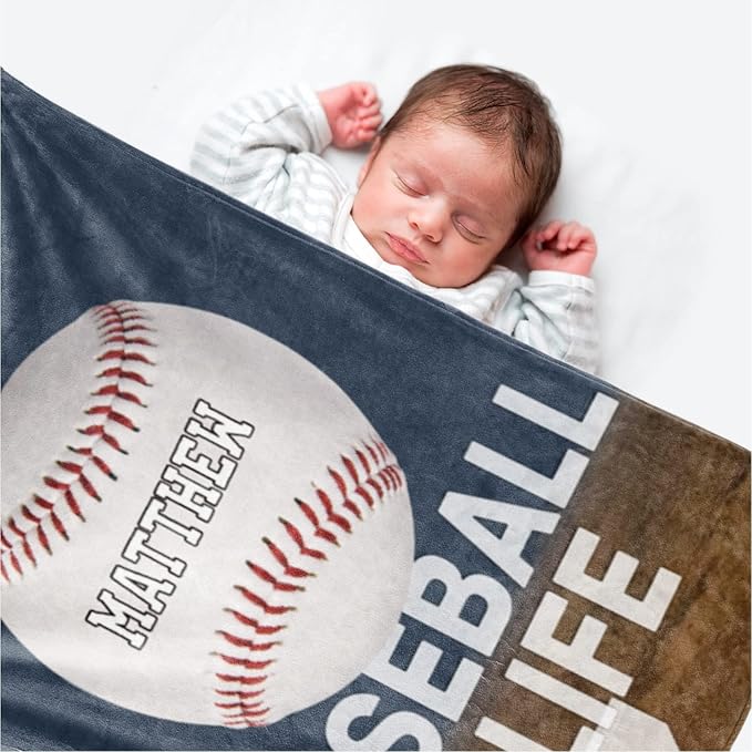 Personalized Baby Balll Soft Blanket: Custom Kids Baseball Design Blanket with Name and Number - Bedding Gifts for Infants Toddlers Adults 50x60inch