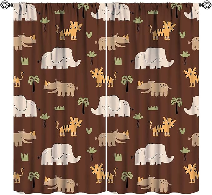 Jungle Safari Animals Blackout Curtains Cartoon Tropical Forest Animals Elephant Tiger Brown Art Print for Kids Boys Bedroom Nursery Rod Pocket Decoration Window Drapes 2 Panels W26xL84in